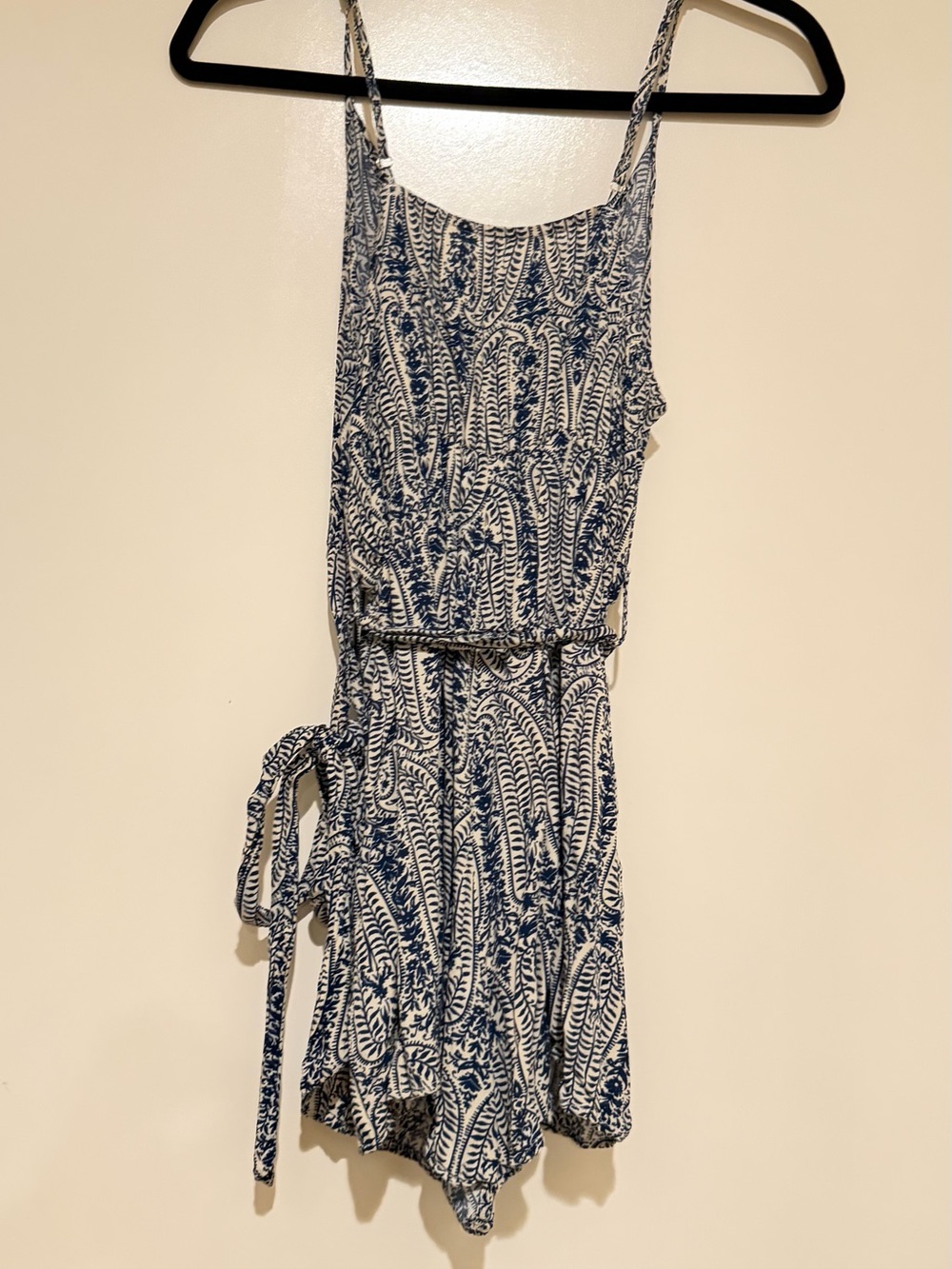 Blue & White Printed Spaghetti-Strap Dress with Tie Waist